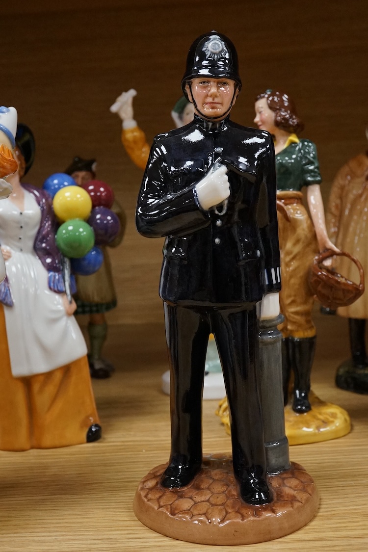 A collection of Royal Doulton figures to include The Old Balloon Seller, Doctor, Votes for Women and The Detective